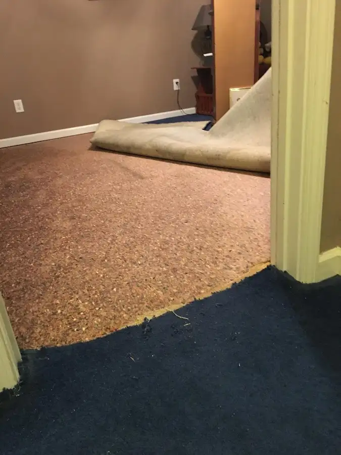 Carpet pad removal revealing water damage during Water Mitigation Services in North Canton
